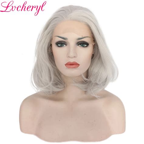 lvcheryl hand tied sliver grey short wave bob synthetic lace front wig glueless heat resistant