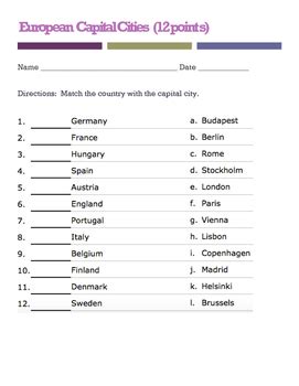 European Capitals Quiz Matching By Orrin Curtis TpT
