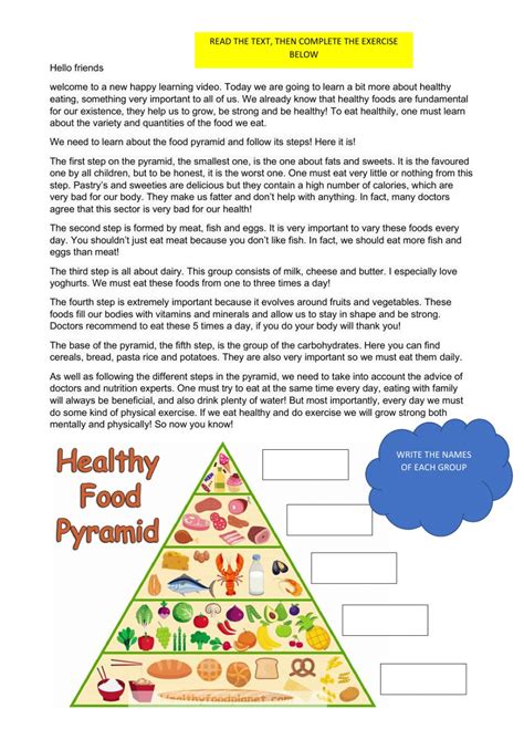 The food groups are fruits, milk, vegetables, meats, and food groups a short, printable book about food and nutrition for fluent readers. Food pyramid online activity