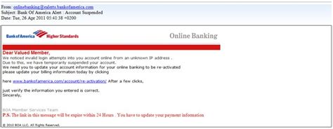 Spam Alert Phishing Email Scam Titled Bank Of America Alert Account Suspended