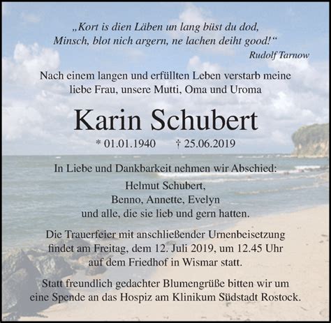 Traueranzeigen Von Karin Schubert Trauer Anzeigende