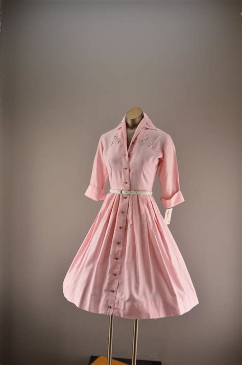 1950s Cotton Shirtwaist Dress 50s Pink Day Dress By Melsvanity