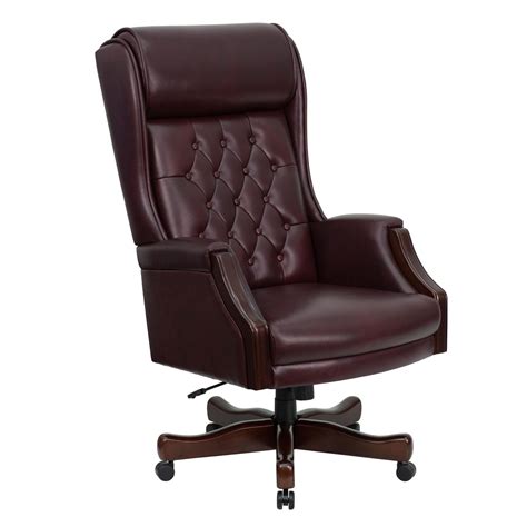High Back Traditional Tufted Burgundy Leather Executive Swivel