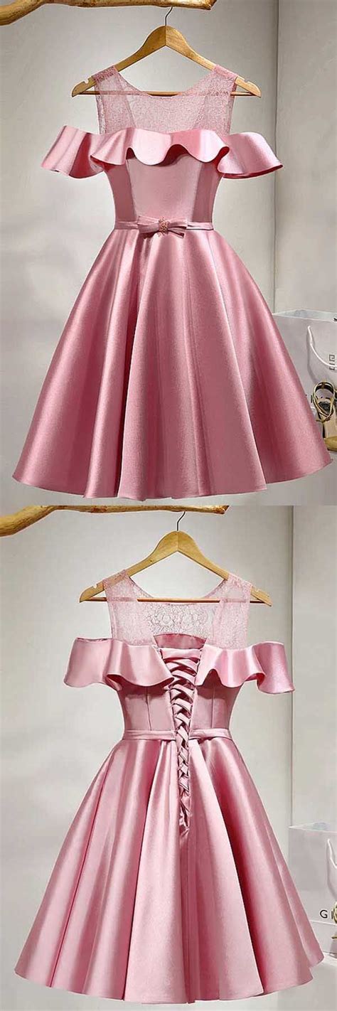 a line knee length cold shoulder pink satin homecoming dress with lace pd121 homecoming