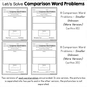 The act, or result, of comparing two things or people. Comparison Word Problems (Smaller Unknown - More Version ...
