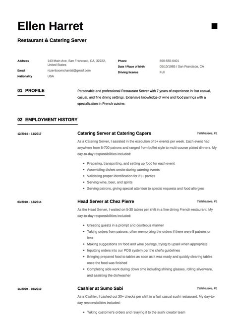 Restaurant And Catering Resume Sample Example Template Cv Resume