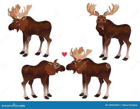 Cute Cartoon Moose Vector Set Moose In Different Postures Funny Moose