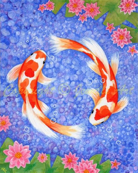 Two Orange And White Koi Fish Swimming In Blue Water With Pink Flowers