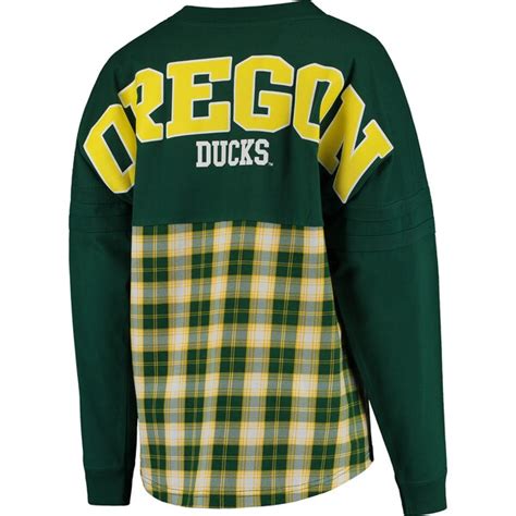 Womens Green Oregon Ducks Split Plaid Pom Pom Long Sleeve T Shirt