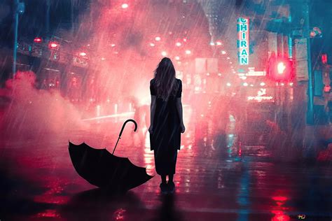Alone Girl Getting Wet In The Rain In The Middle Of The Road 4k Wallpaper Download
