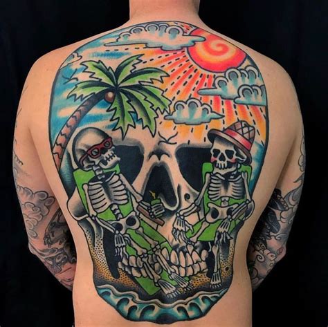 Full Back Skull Tattoo Skeletons At The Beach Tattoos Top Tattoos