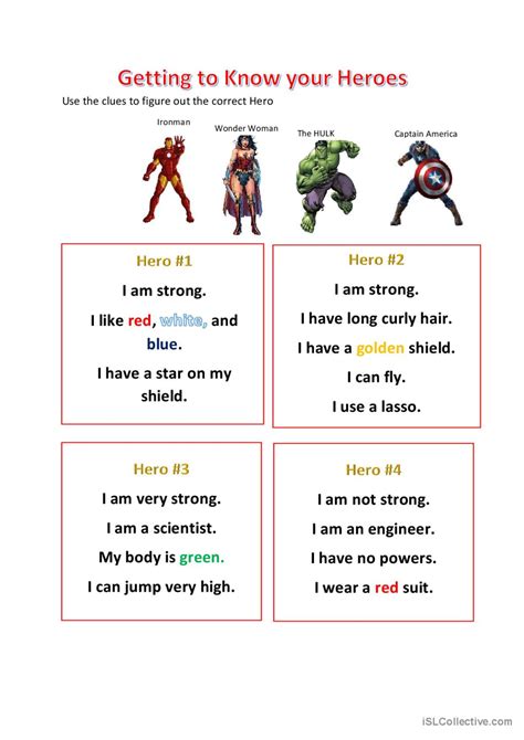 Get To Know Your Hero S English Esl Worksheets Pdf And Doc