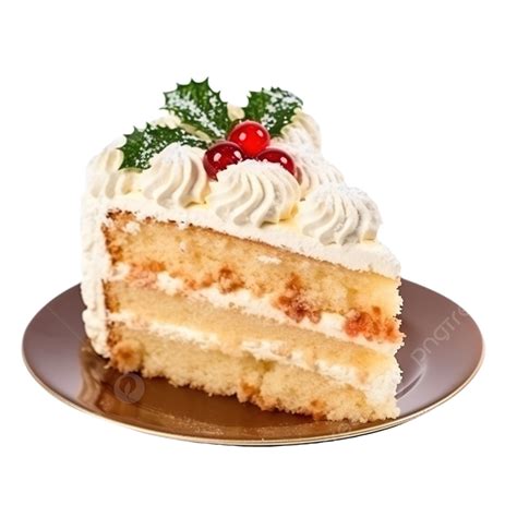 Slice Of Cake Covered Cream With Christmas Decoration On Wooden Table