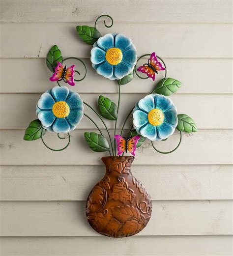 Colorful Flower Bouquet In Vase Metal Wall Art Blue Plow And Hearth