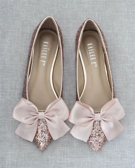 Rose Gold Pointy Toe Rock Glitter Flats With Oversized Blush Satin Bow
