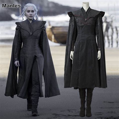 Game Of Thrones Saison 7 Cosplay Daenerys Targaryen Costume Fantaisie Robe Noir Tenue Avec Cape