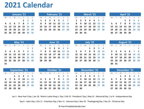 Printable Calendar List Of Holidays 2021 Free Yearly 2021 Calendar