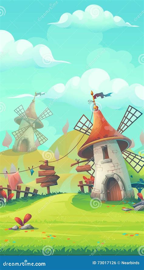 Cartoon Landscape With A Windmill Vector Illustration Cartoondealer