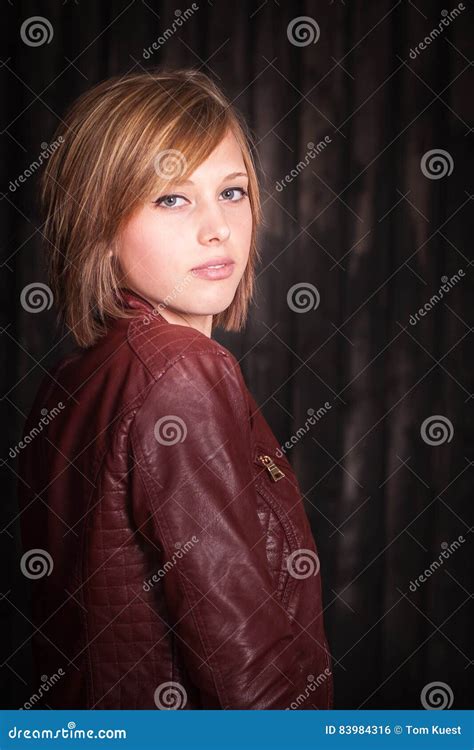Portrait Woman In Red Leather Jacket Stock Photo Image Of Jacket