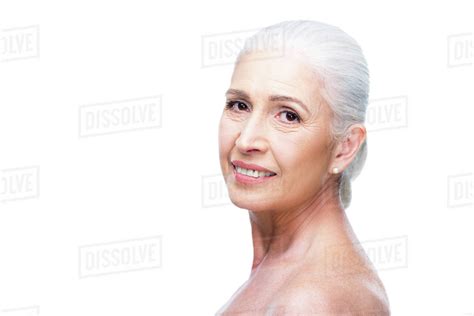 Beautiful Smiling Naked Senior Woman Isolated On White Stock Photo