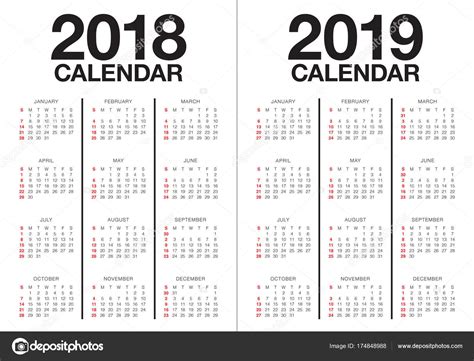 Year 2018 2019 Calendar Vector — Stock Vector © Dolphfynlow 174848988