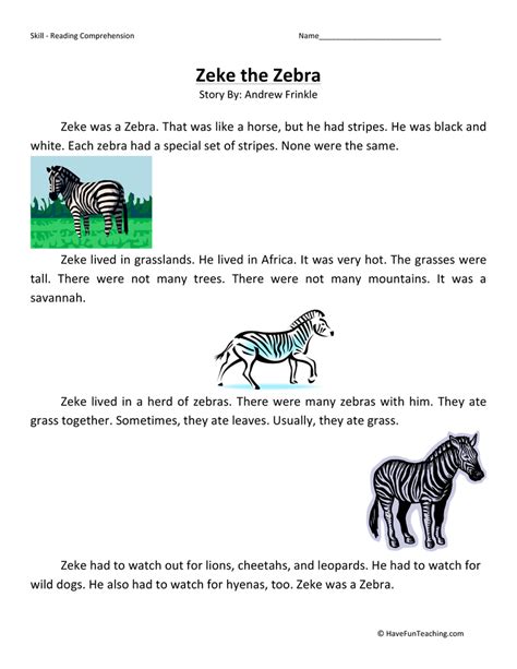 Zeke The Zebra Reading Comprehension Worksheet By Teach Simple