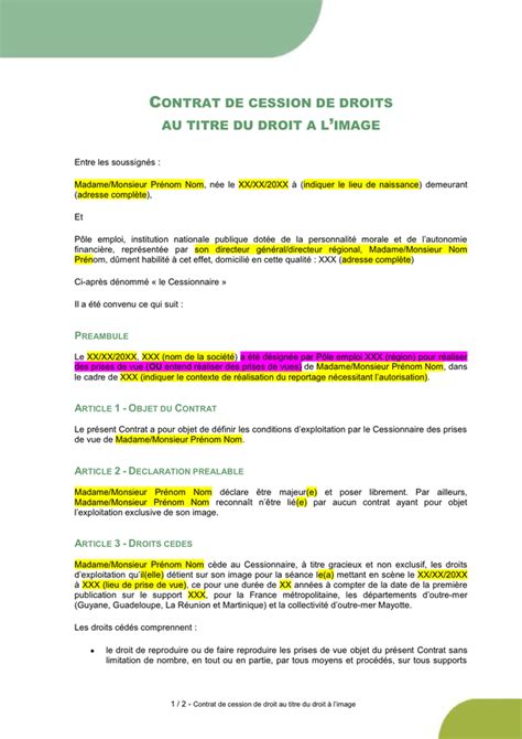 Contrat De Cession De Droits Au Titre Du Droit A L Image Doc Pdf Free