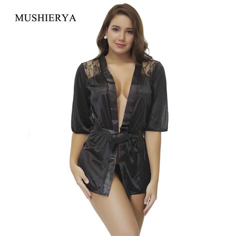 Mushierya New Hot Sexy Lingerie Plus Size Satin Lace Black Kimono Intimate Sleepwear Robe Sexy