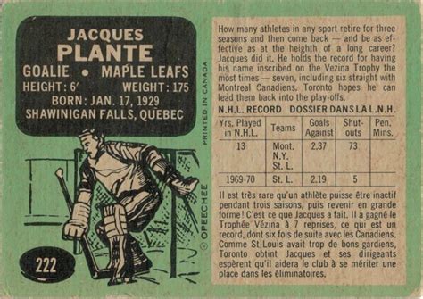 Jacques Plante 1970 71 O Pee Chee 222