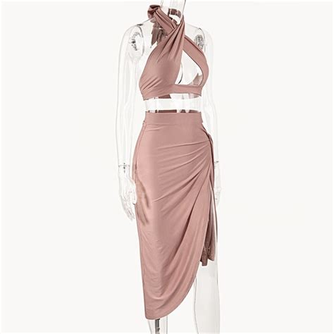 Sruby Sexy Halter Two Piece Set Woman Hollow Out Crop Top Midi Skirt
