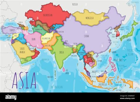 Political Asia Map Vector Illustration With Different Colors For Each