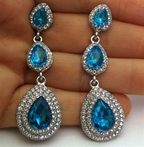 Aqua Chandelier Earrings Rhinestone Crystal 2 4 Inch Pageant