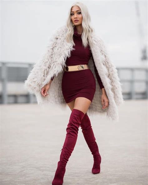 Women's Beige Fur Coat, Burgundy Bodycon Dress, Burgundy Suede Over The