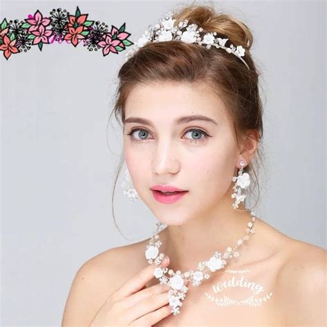 Silver Tiaranecklace And Earrings Set With White Flowers Floral Bridal
