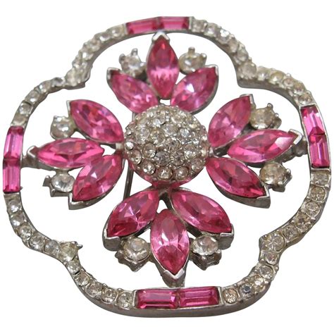 Vintage Clear And Pink Rhinestone Brooch Pin Pink Rhinestones Brooch