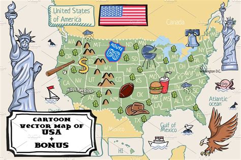 Cartoon Map Of Usa Bonus Pattern Illustrator Graphics Creative Market