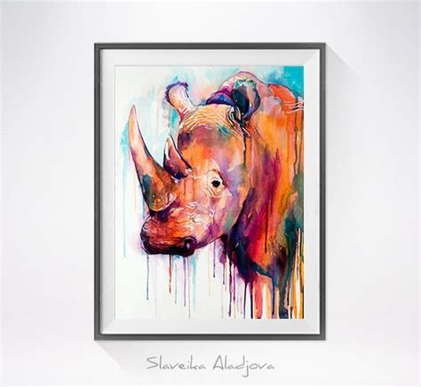 Colorful Rhino Watercolor Painting Print Animal Watercolor
