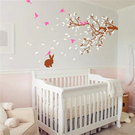 Nursery Room Wall Decal With Cute Rabbit Branches With Birds Wall