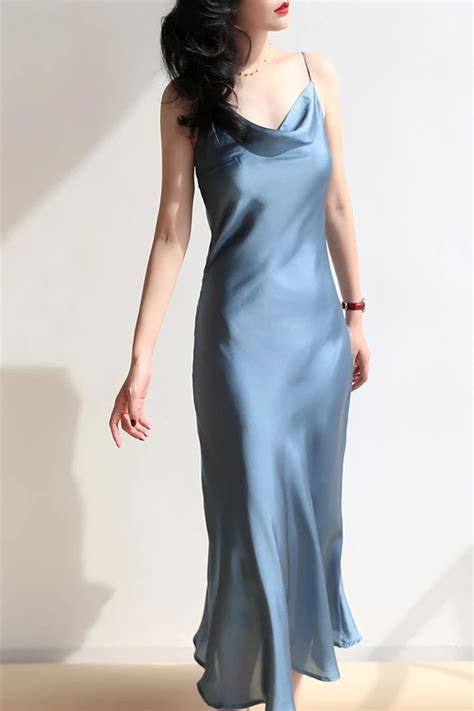 Dusty Blue Silk Cowl Neck Midi Slip Dress In 2020 Silk Bridesmaid