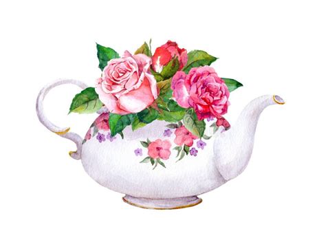 Teapot With Rose Flowers Watercolor Stock Illustration Illustration