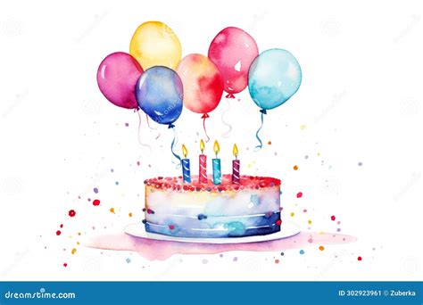 Watercolor Birthday Cake With Candles And Balloons Stock Image Image