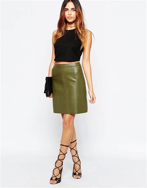 Warehouse Faux Leather A Line Skirt In Olive Green Lyst