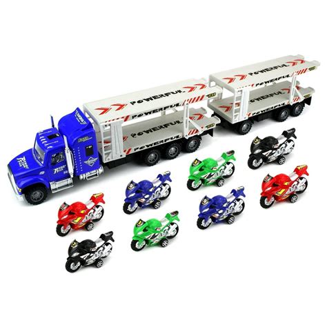 Race Motorcycle Trailer Childrens Friction Toy Transporter Truck Ready