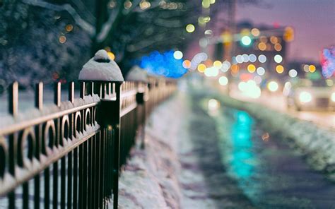 Close Up Fencing Gates Fence Snow Winter Town Lights Blur Tree Bokeh