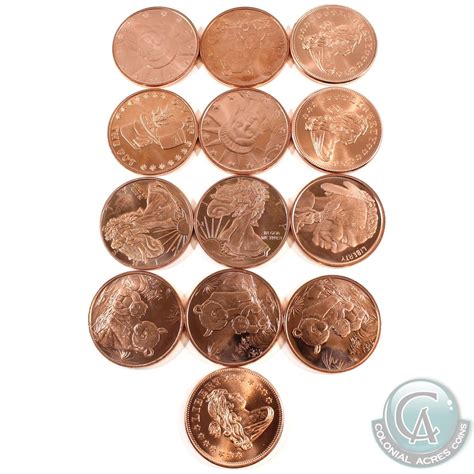 Lot Of 13x 1oz 999 Fine Copper Rounds 6 Different Designs Included
