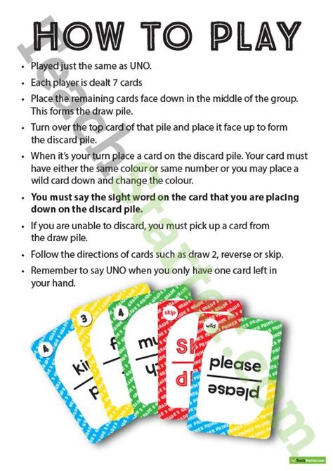 There are two different ways to play regarding drawing new cards. Dolch Words UNO Cards - Classroom Game Teaching Resource ...