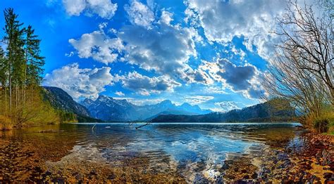 Nature Landscape Mountains Trees Clouds Lake Sky Reflection
