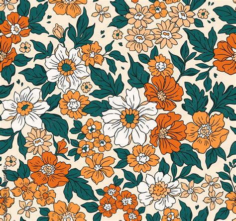 Vintage Seamless Floral Pattern Liberty Style Background Of Small Golden Orange Flowers Small