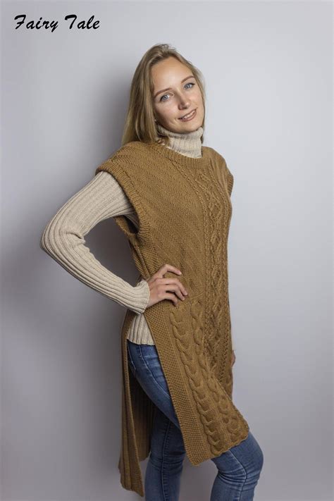 Knitted Side Slits Vest Pattern Sleeveless And Long Wool Etsy In 2021 Knit Vest Pattern