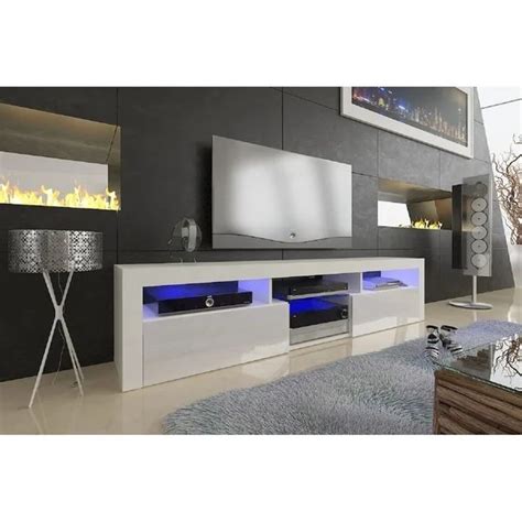 A Modern Living Room With White Furniture And Blue Lights On The Tv Stand Fireplace In The